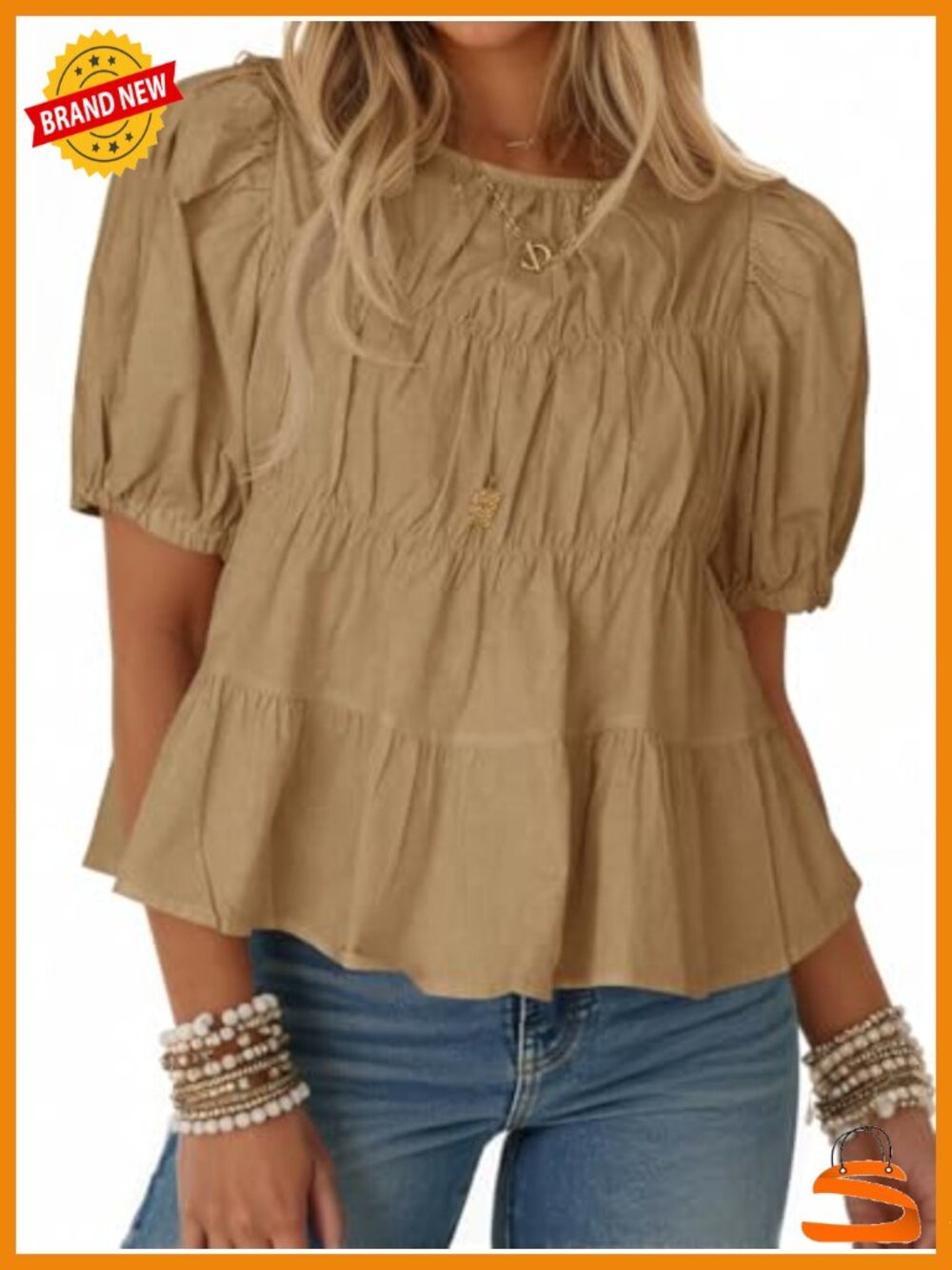 Puff Sleeve Peplum Babydoll Tops Summer Flowy Pleated Cotton T-Shirts Casual